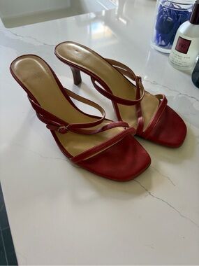 LOFT Red Strappy Mid-Heel Sandals with Buckle